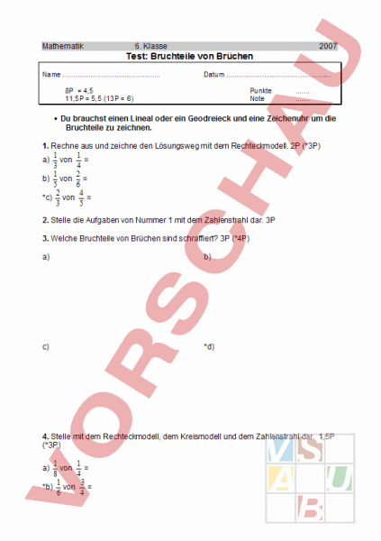 Arbeitsblatt: Test 6. Klasse - Mathematik - Brüche / Dezimalzahlen