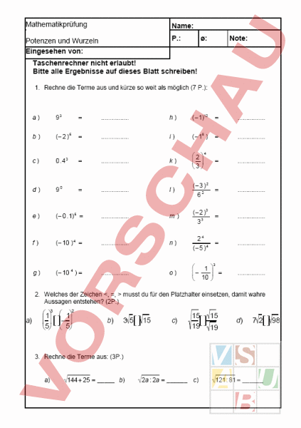 Arbeitsblatt Potenzen
 Arbeitsblatt Potenzen und Wurzeln Mathematik Anderes Thema