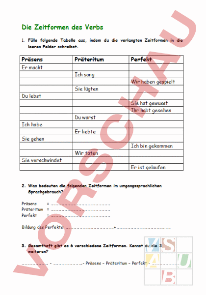 Arbeitsblatt Zeitformen Deutsch Grammatik 8538