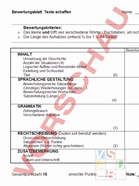 Arbeitsblatt: Bewertungsraster - Deutsch - Texte Schreiben