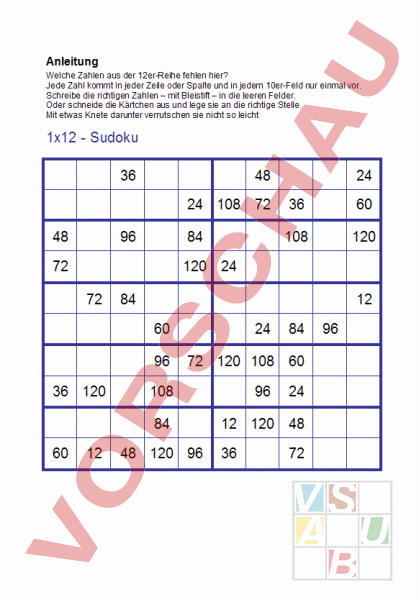 Arbeitsblatt: 12er-Reihe Sudoku - mit Lösung - Mathematik - Multiplikation