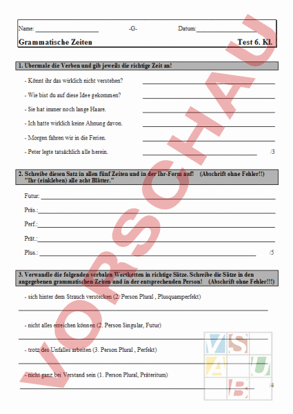 Arbeitsblatt: Grammatische Zeiten - Deutsch - Grammatik
