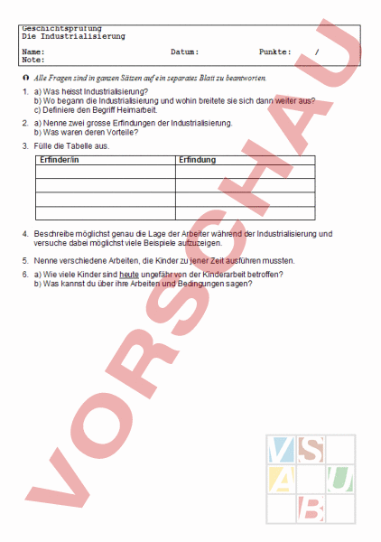 Arbeitsblatt: Industrialisierung - Geschichte - Neuzeit