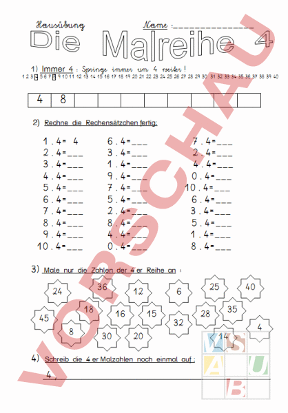 4er Reihe Arbeitsblatt
 Arbeitsblatt 4er Reihe Mathematik Addition