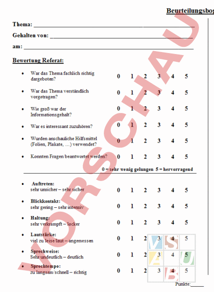 Arbeitsblatt: Beurteilungsbogen Referat - Diverses / Fächerübergreifend ...