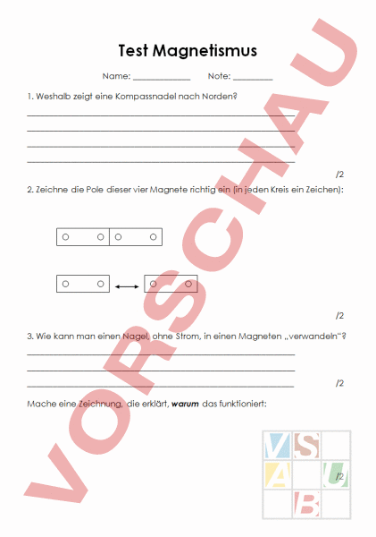 Arbeitsblatt: Test Magnetismus - Physik - Elektrizität / Magnetismus