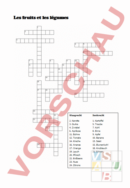 Arbeitsblatt: Kreuzworträtsel - Französisch - Wortschatz