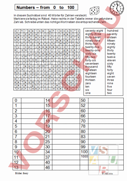 Zahlen Englisch 1 100 Arbeitsblatt
 Arbeitsblatt Numbers from 1 100 Englisch Wortschatz