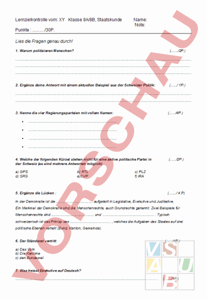 Arbeitsblatt: Staatskunde Lernzielkontrolle - Geschichte - Politik