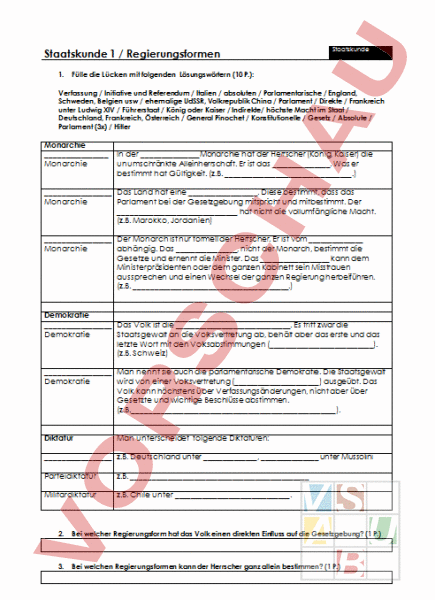 Arbeitsblatt: Staatskunde 1 - Geschichte - Politik