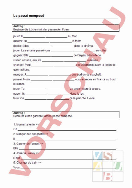 Arbeitsblatt Passé Composé Avec Avoir Lückentext Französisch Grammatik