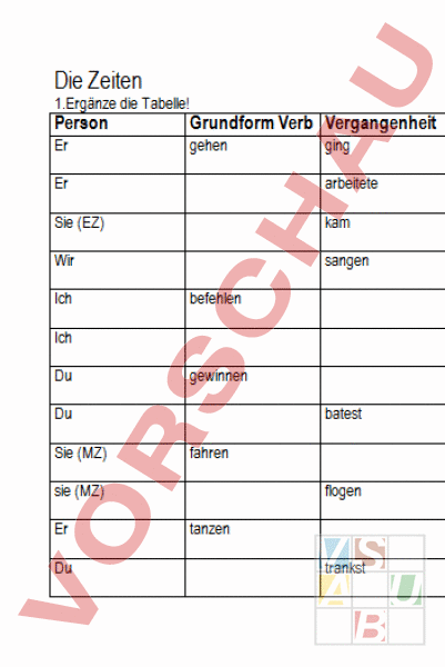 Arbeitsblatt Vergangenheit Deutsch Erstlesen