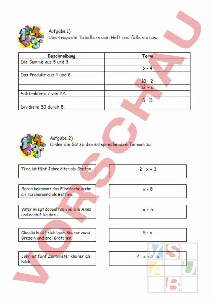 Arbeitsblatt Terme
 Arbeitsblatt Terme aufstellen und zuordnen Mathematik Anderes Thema