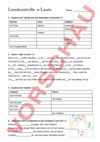 S Laute Arbeitsblatt
 Arbeitsblatt s Laute Lernkontrolle Deutsch Rechtschreibung