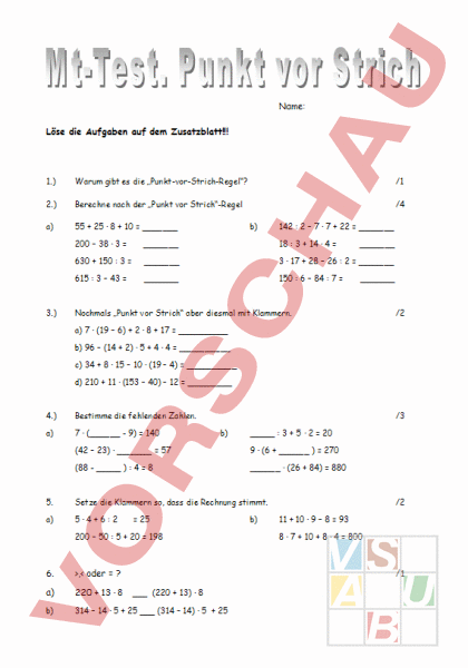 Arbeitsblatt: Punkt vor Strich - Mathematik - Anderes Thema