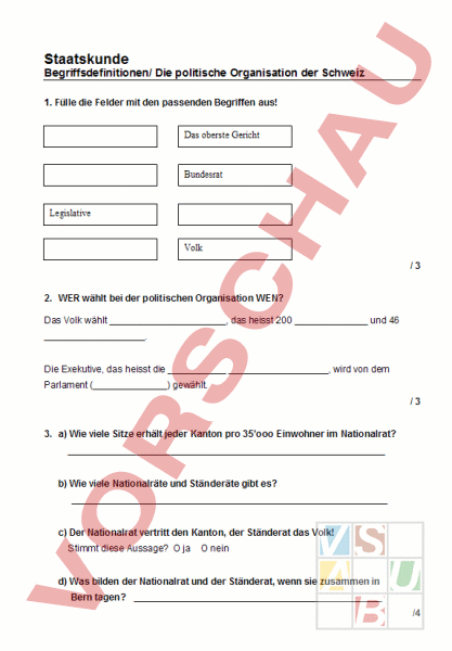 Arbeitsblatt: Test Staatskunde - Geschichte - Politik