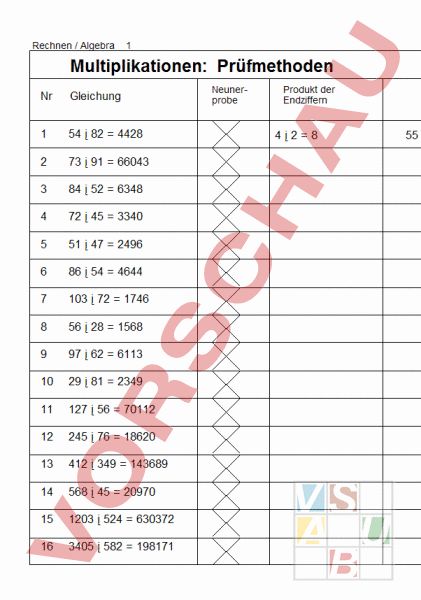 Arbeitsblatt: Prüfmethoden - Mathematik - Schriftliches Rechnen