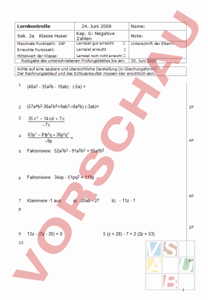 Arbeitsblatt: Negative Zahlen - Mathematik - Algebra