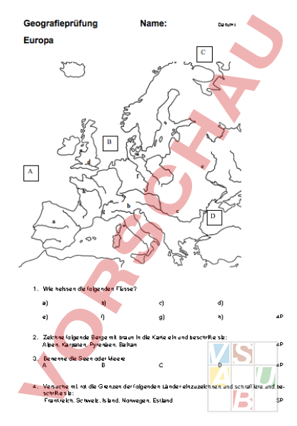 Arbeitsblatt: Prüfung Europa - Geographie - Europa