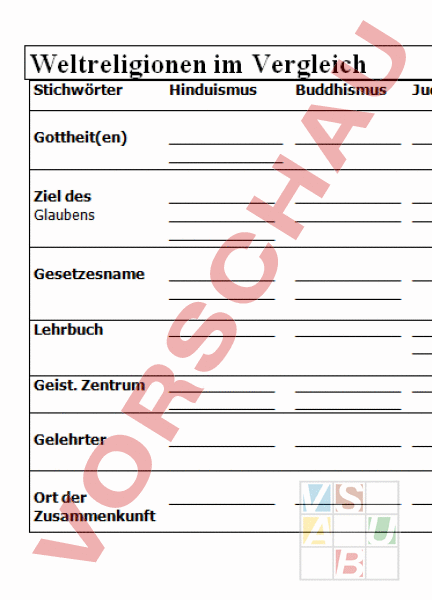 Arbeitsblatt: Weltreligionen Im Vergleich - Lebenskunde ...