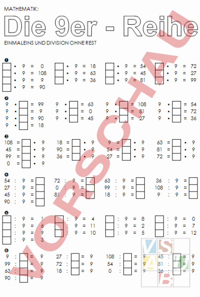 9er Reihe Arbeitsblatt
 Arbeitsblatt Die 9er Reihe Einmaleins und Division ohne Rest