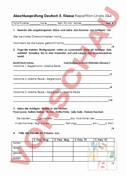 Arbeitsblatt: Abschlusstest Grammatik 5. Klasse Serie B - Deutsch ...