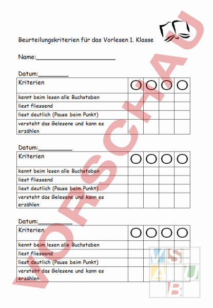 Arbeitsblatt: Beurteilung: Vorlesen 1-3 Klasse - Deutsch - Lesefertigkeit
