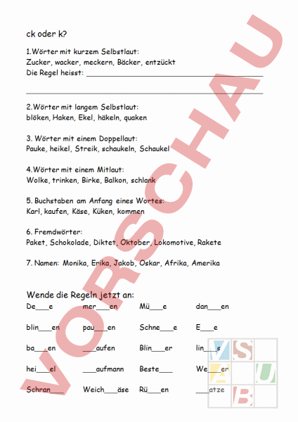 arbeitsblatt ck oder k deutsch grammatik