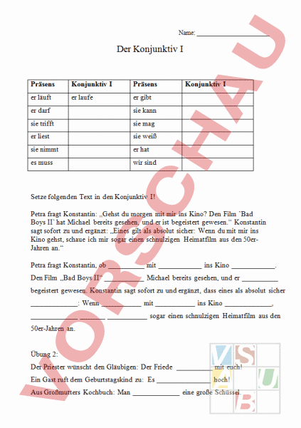 Konjunktiv Arbeitsblatt
 Arbeitsblatt Konjunktiv I Deutsch Grammatik