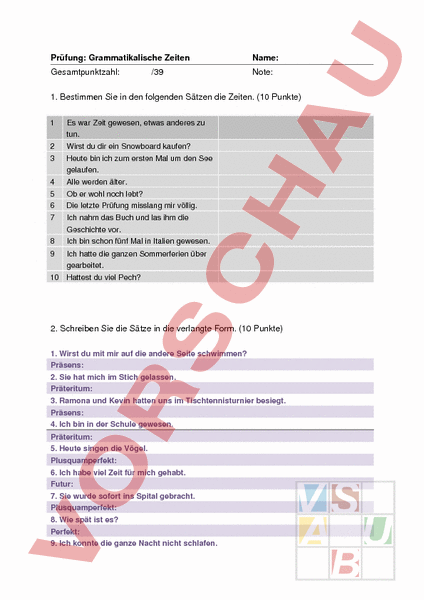Arbeitsblatt Lernkontrolle Zeiten Deutsch Grammatik