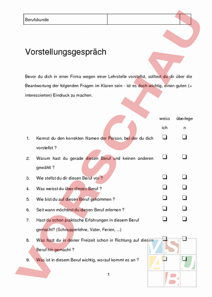 Arbeitsblatt: Fragen zum Einstellungsgespräch - Lebenskunde - Berufswahl