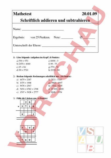 Arbeitsblatt: Test - Mathematik - Schriftliches Rechnen