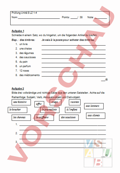 Arbeitsblatt Grammatiktest Envol Unité LZ Französisch Grammatik