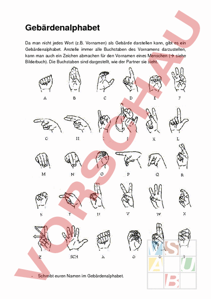 Arbeitsblatt Gebardensprache Lebenskunde Kommunikation Medien