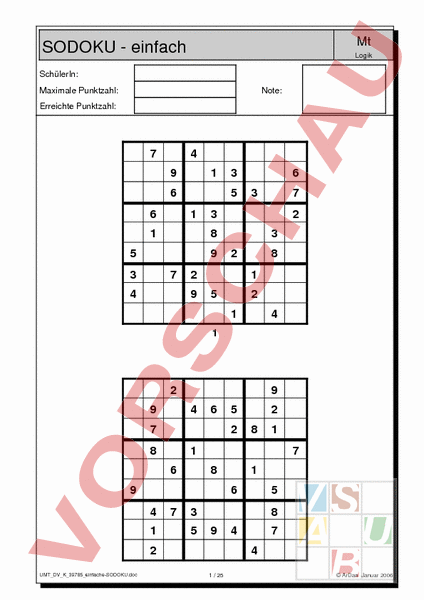 Arbeitsblatt: einfache SODOKU - Diverses / Fächerübergreifend
