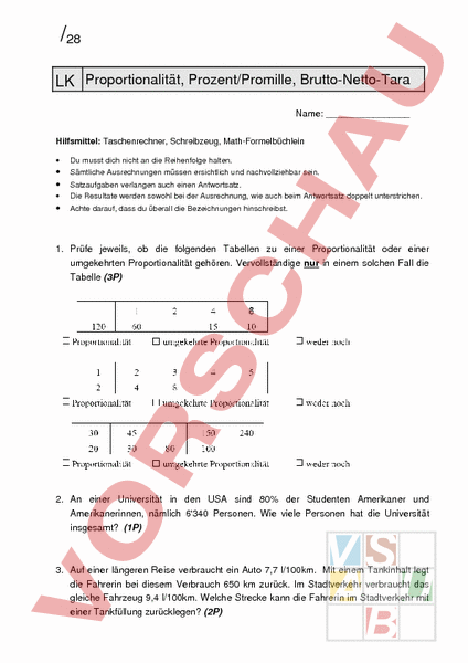 Arbeitsblatt Proportionalitat Prozent Promille Brutto Netto