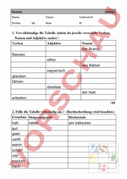 Arbeitsblatt: Test Adjektiv - Deutsch - Grammatik