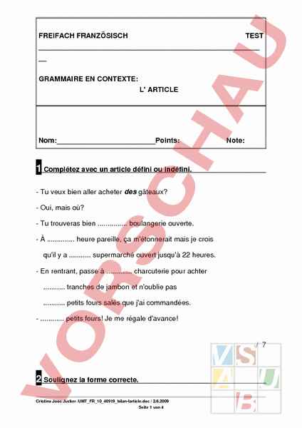 Arbeitsblatt Bilan L Article Franz Sisch Grammatik