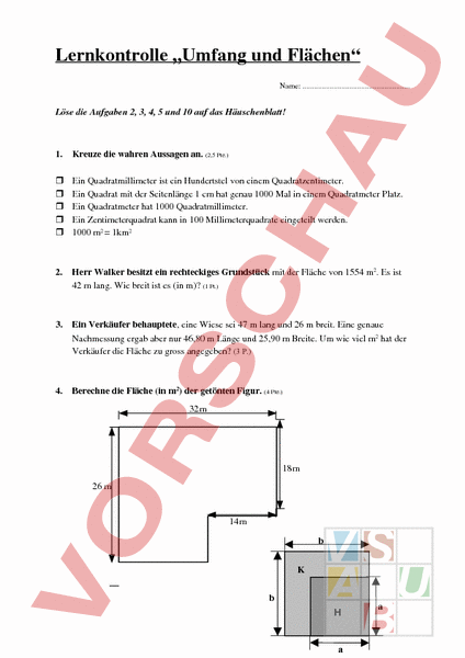 Arbeitsblatt Lernkontrolle Umfang Und Fl Che Geometrie Fl Chen