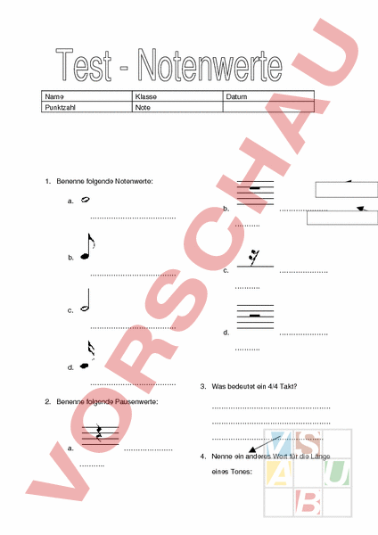 Arbeitsblatt Test  Notenwerte Musik  Musiktheorie Noten