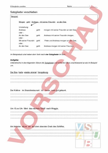 Arbeitsblatt Satzglieder Deutsch Grammatik