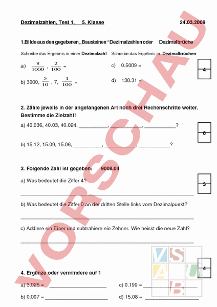 Arbeitsblatt: Dezimahlzahlen - Mathematik - Brüche / Dezimalzahlen