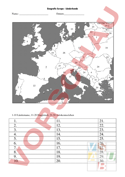 Arbeitsblatt: Länder Europas Prüfung - Geographie - Europa