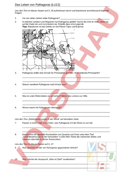 Arbeitsblatt Das Leben von Pythagoras  Geometrie  Anderes Thema