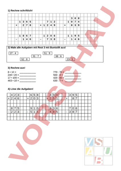 Arbeitsblatt: Mathematik 4. Klasse - Mathematik - Gemischte Themen