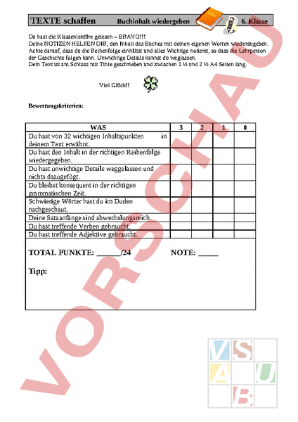 Arbeitsblatt: Buchzusammenfassung der Klassenlektüre - Deutsch - Texte