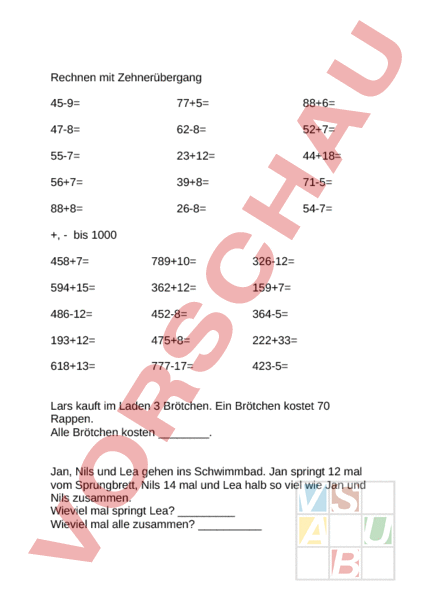 Arbeitsblatt: Addition Und Subtraktion Bis 1000 - Mathematik ...