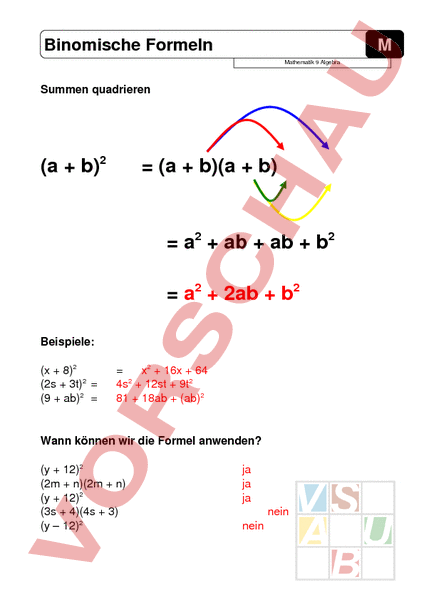 Arbeitsblatt: Binomische Formeln - Mathematik - Algebra