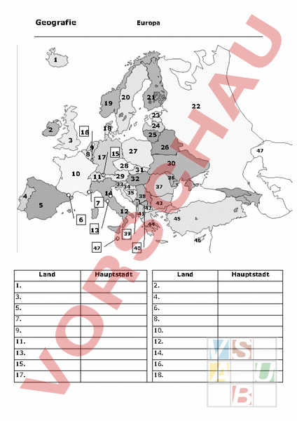 Arbeitsblatt: Länder Europas - Geographie - Europa