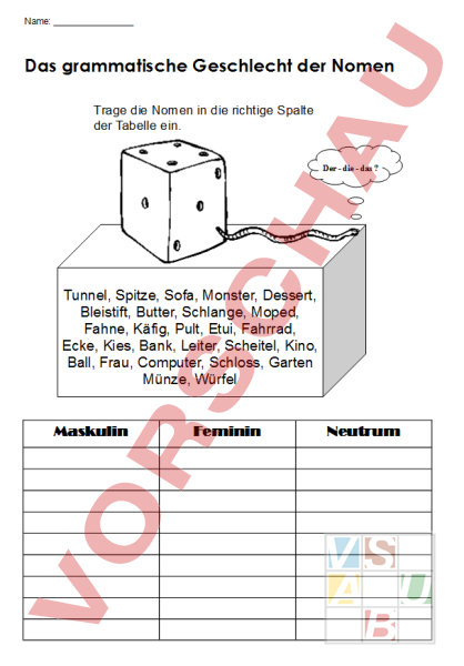 Arbeitsblatt: Das grammatische Geschlecht - Deutsch - Grammatik